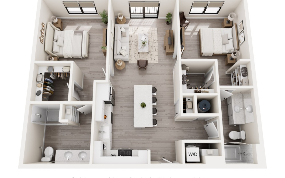 B1 - 2 bedroom floorplan layout with 2 bathrooms and 1192 square feet