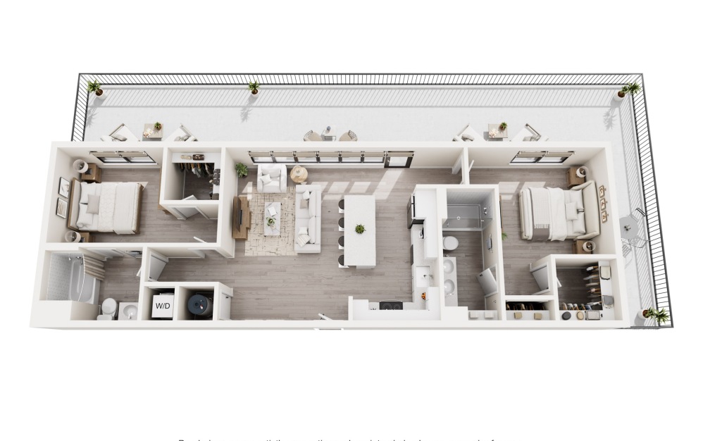 B2 - 2 bedroom floorplan layout with 2 bathrooms and 1052 square feet